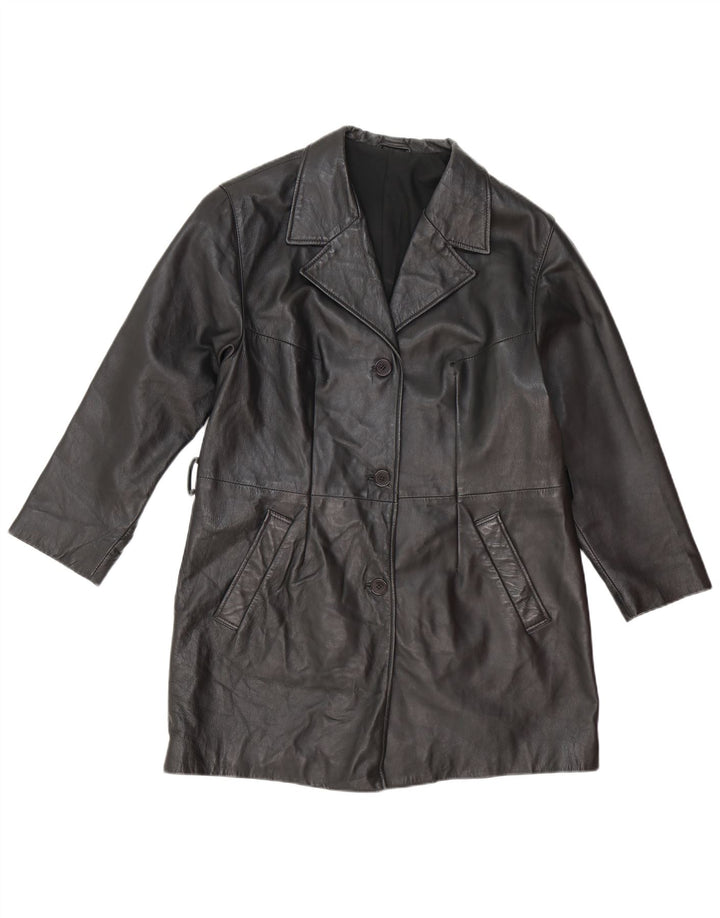 manteau en cuir femme vintage UK 14 Moyen Noir