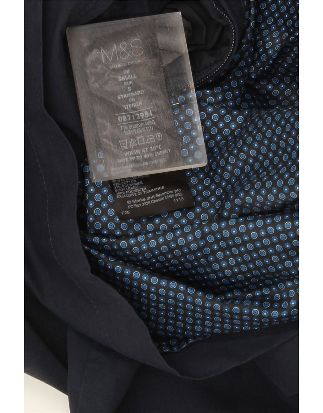 MARKS & SPENCER Veste Bomber Homme UK 36 Petit Bleu Marine Coton