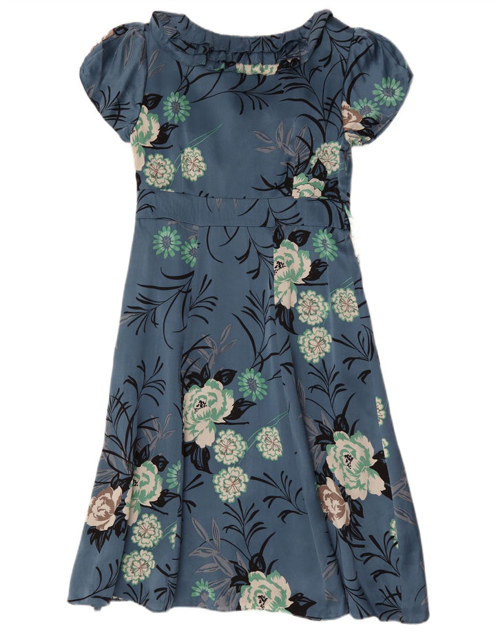 Monsoon Robe trapèze à volants sur le devant pour femme UK 42 en soie florale bleu moyen