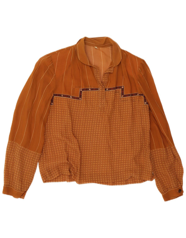 vintage Femme Manches Longues Blouse Top IT 48 XL Marron Géométrique
