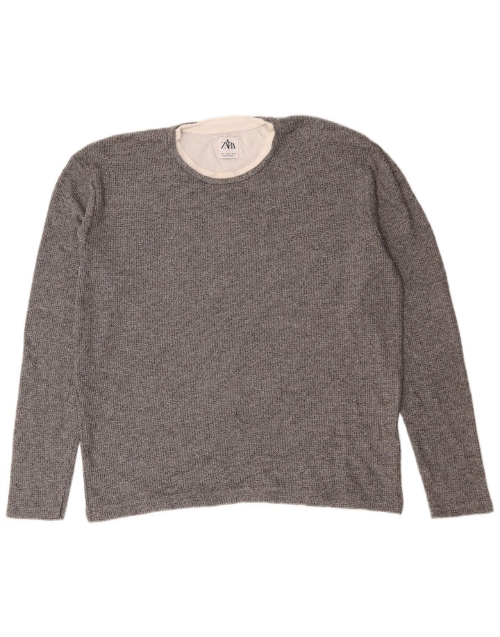 Zara Pull à col rond pour homme en coton gris Large