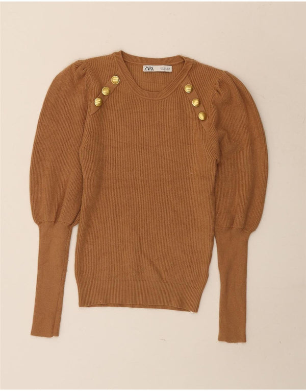 Zara Pull ras du cou pour femme UK 8 Small Marron Viscose