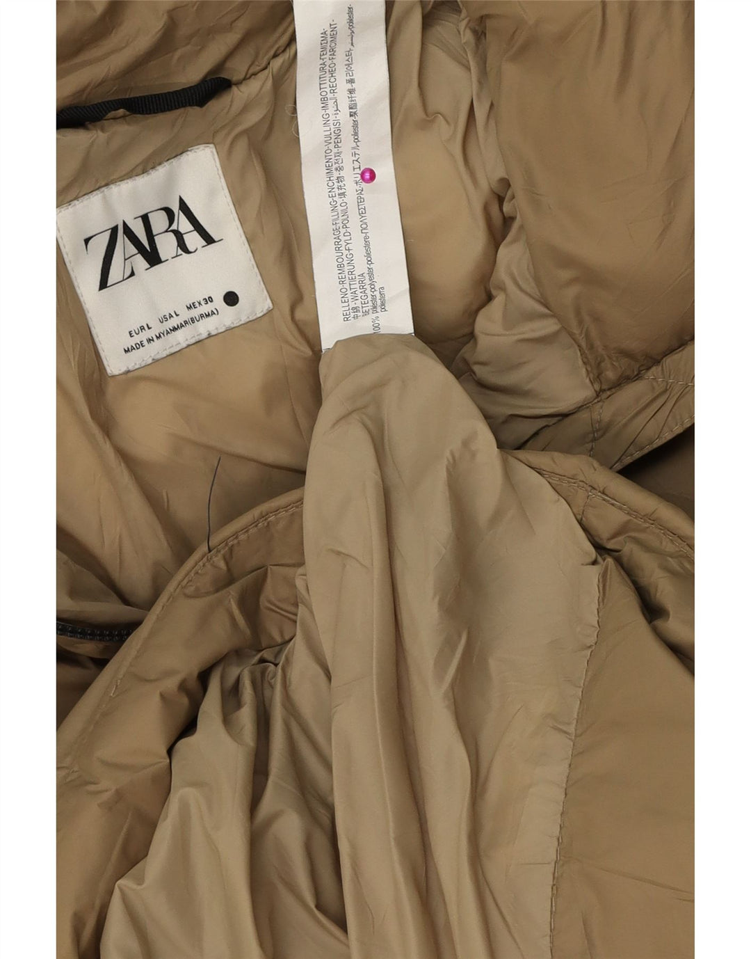 Zara Veste matelassée surdimensionnée à capuche pour femme UK 16 Large Beige Polyester