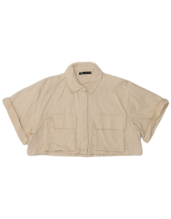 Zara Chemise courte à manches courtes pour femme UK 14 Coton beige moyen