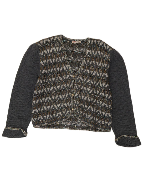 vintage Femme Cardigan Pull UK 14 Moyen Gris Géométrique Mohair