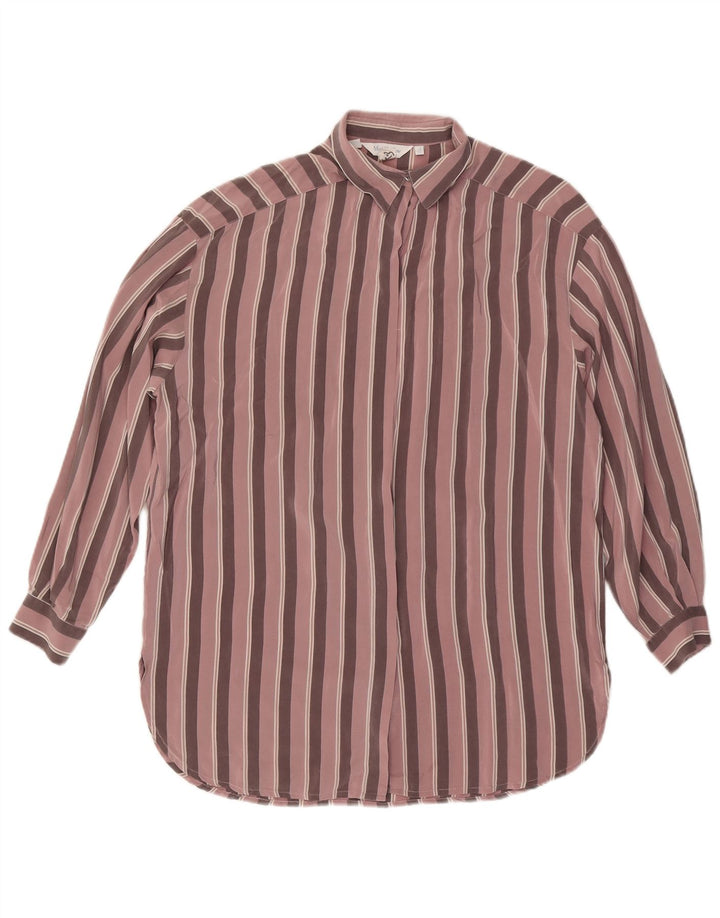 VINTAGE Chemisier Chemise Femme UK 14 Grande Soie Rayée Rose