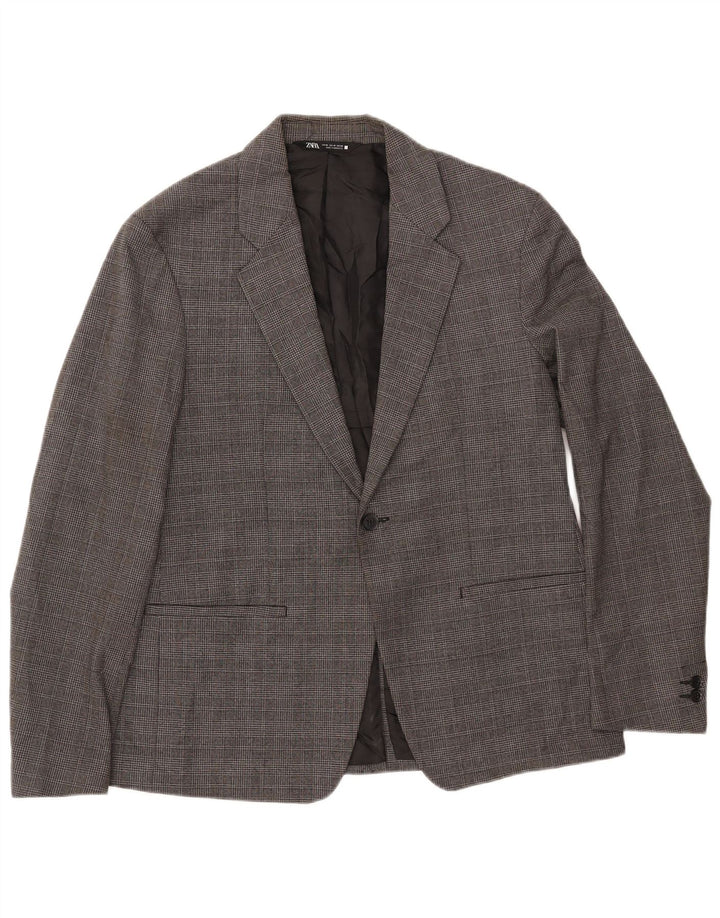 ZARA Hommes 1 Bouton Blazer Veste EU 50 Gris Moyen Pied-de-Poule Polyester