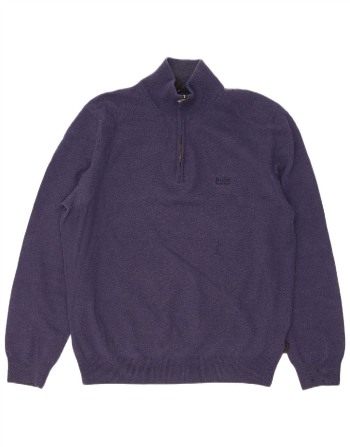 Hugo Boss Pull à col zippé pour homme en laine vierge bleu marine Large