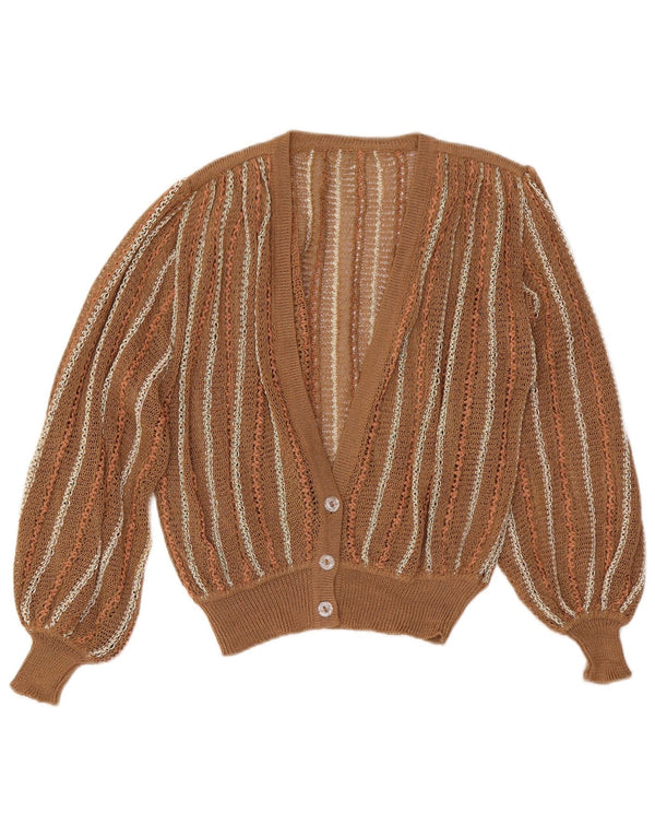vintage Femme Cardigan Pull UK 16 Grand Brun Rayé