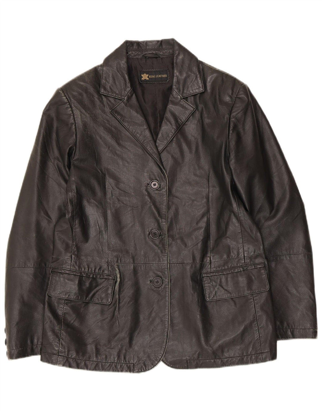 vintage Femme 3 Boutons Veste Blazer En Cuir UK 14 Cuir Noir Moyen