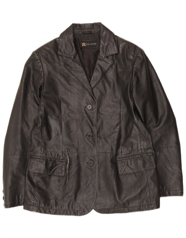 vintage Femme 3 Boutons Veste Blazer En Cuir UK 14 Cuir Noir Moyen