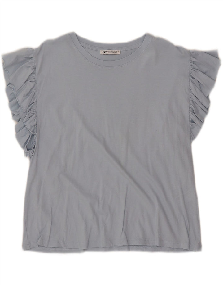 ZARA Femme Chemisier Top UK 12 Bleu Moyen Coton