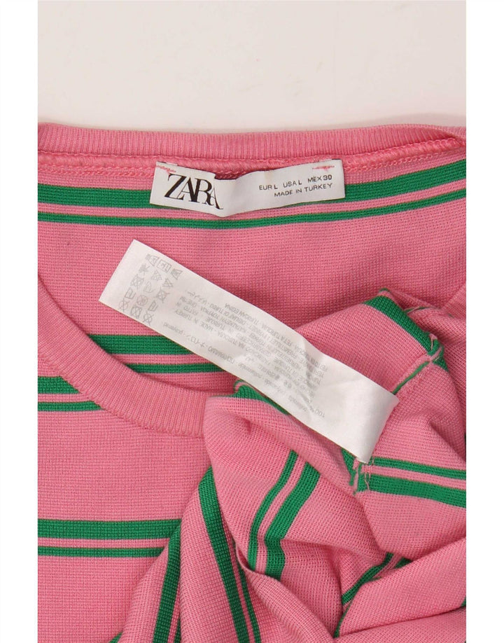 Zara Femme Crop Top Manches Longues UK 14 Grand Rose Rayé Polyamide