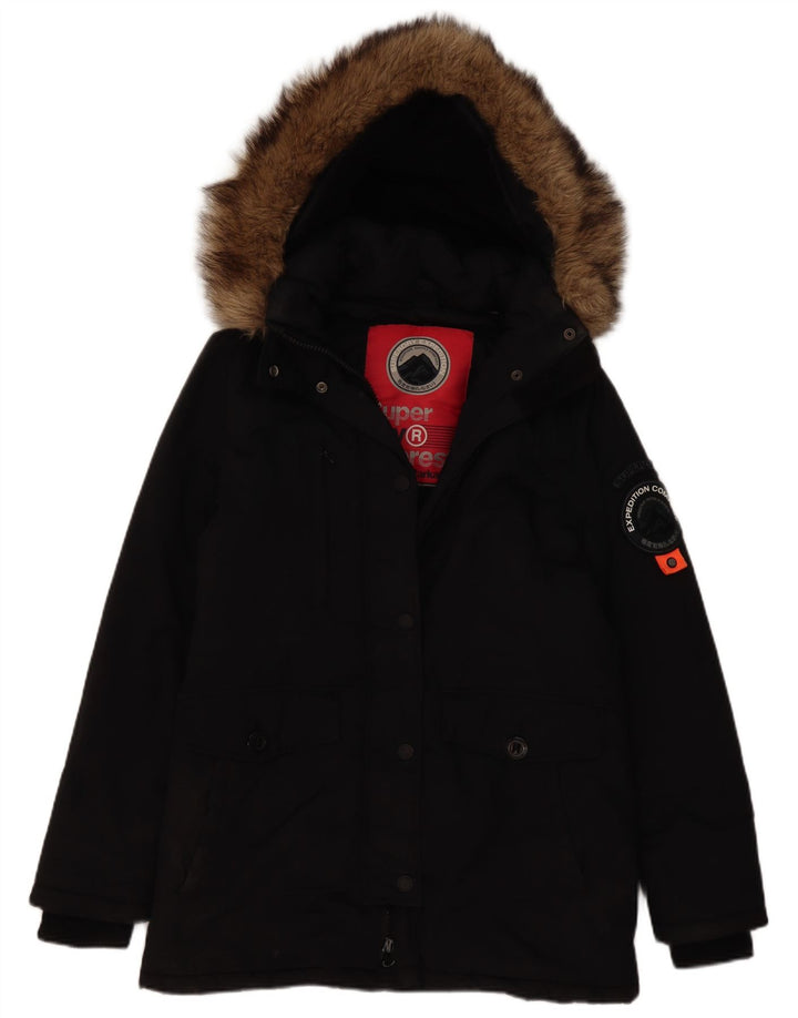 Superdry Parka à capuche pour femme UK 12 Medium Noir Nylon