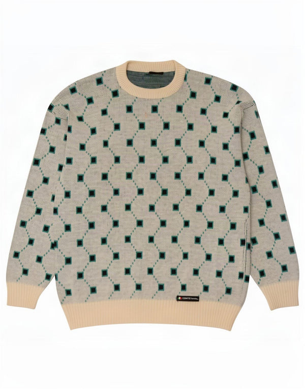 vintage Mens Crew Neck Jumper Pull IT 54 XL Gris Géométrique Laine