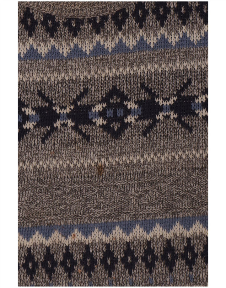 vintage Mens Crew Neck Jumper Pull Grand Gris Fair Isle
