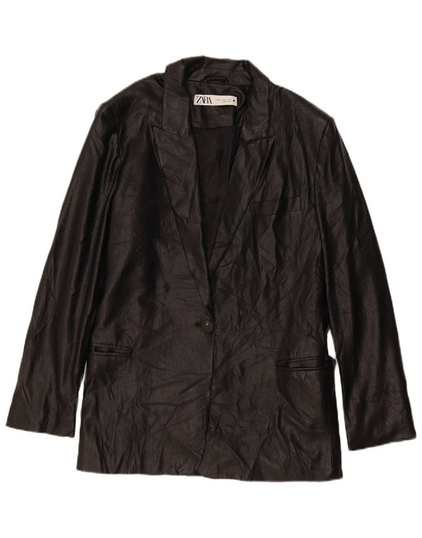 Zara Womens 1 Button Faux Leather Blazer Jacket UK 18 XL Noir Polyéthylène