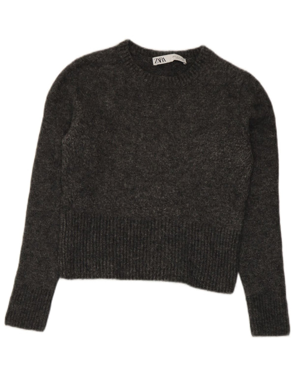 Zara Pull court à col bateau pour femme UK 8 Petit nylon gris