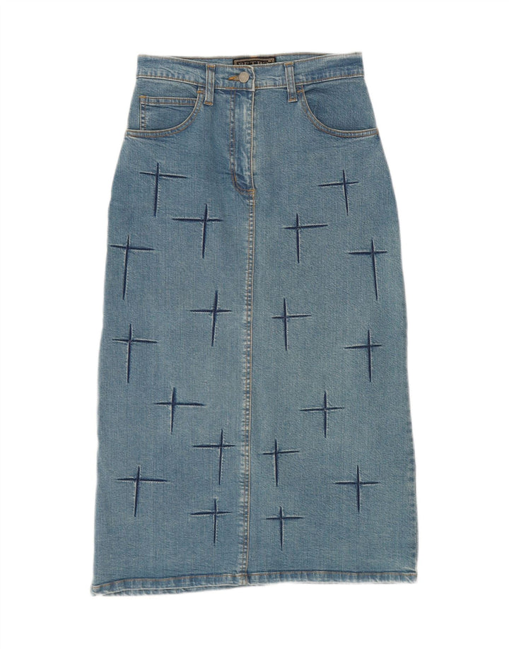 RETRO Womens Abstract Pattern Denim Skirt W26 Small Blue Cotton Vintage Retro and Second-Hand Retro from Messina Hembry 