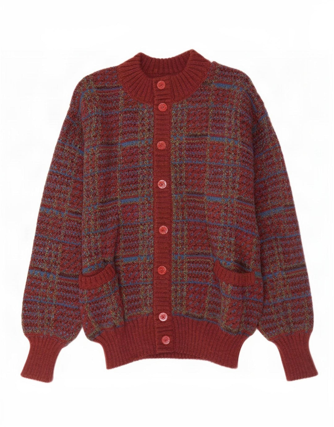 vintage Mens Cardigan Pull Grand Carreau Bordeaux