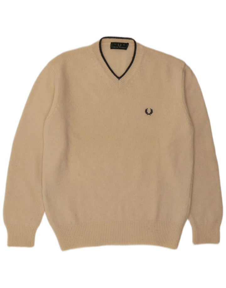 Fred Perry Pull col V pour homme en laine beige Large