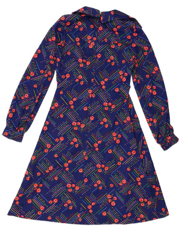 vintage Femmes Manches Longues A-Line Robe UK 14 Moyen Bleu Floral