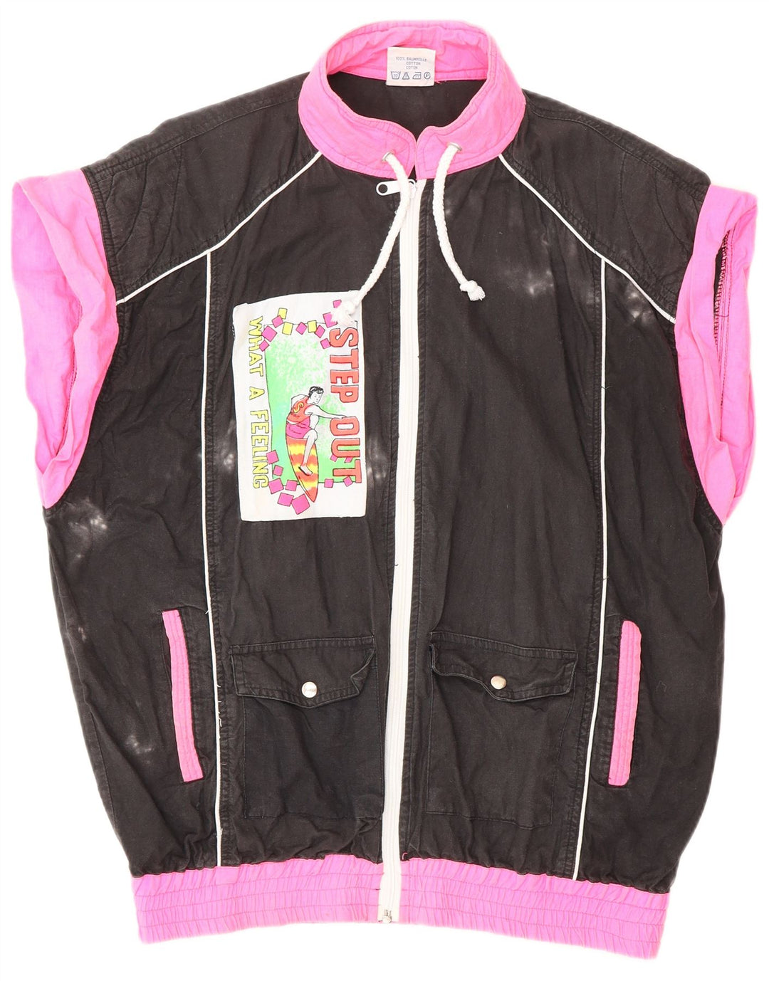 VINTAGE Femmes Graphique Survêtement Top Veste UK 18 XL Noir Colourblock