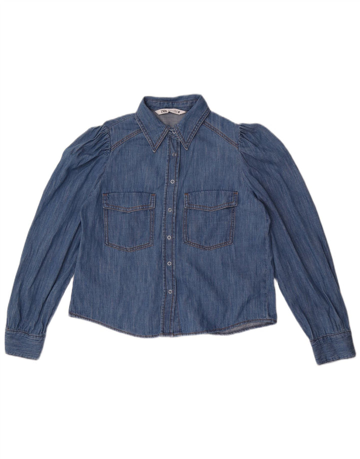 Zara Womens Crop Chemise en jean surdimensionnée UK 10 Petit Bleu