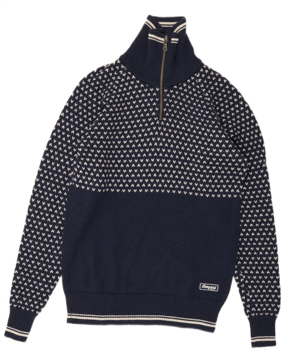 BERGANS Pull col zippé pour homme XS en laine géométrique bleu marine