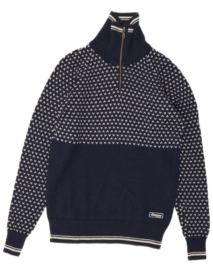 BERGANS Pull col zippé pour homme XS en laine géométrique bleu marine