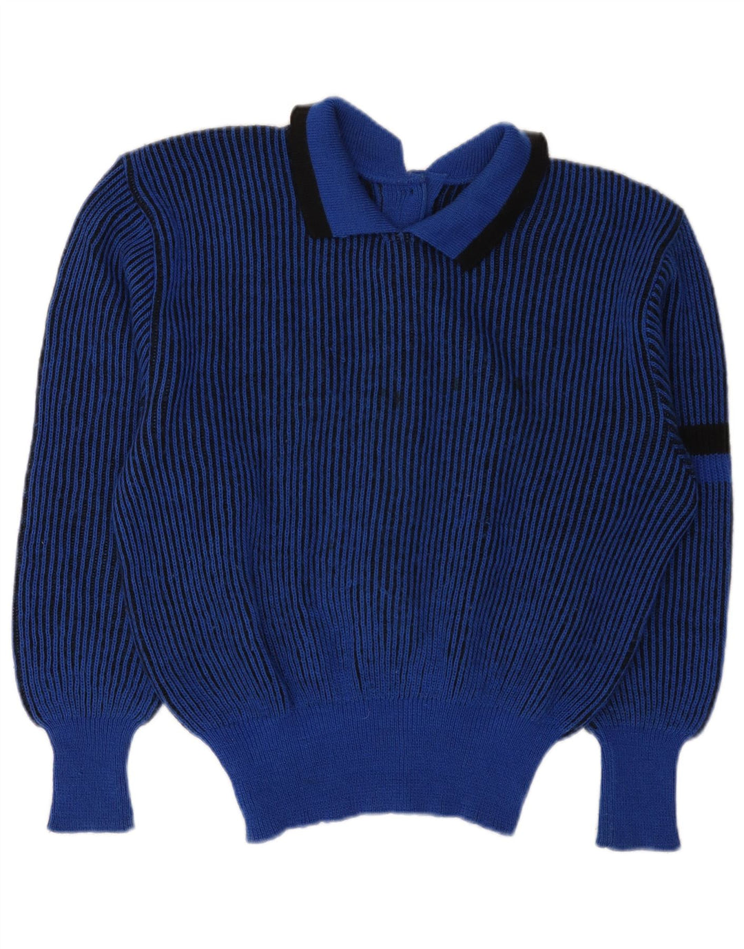 VINTAGE Femme Polo Neck Jumper Pull UK 12 Bleu Moyen Rayé