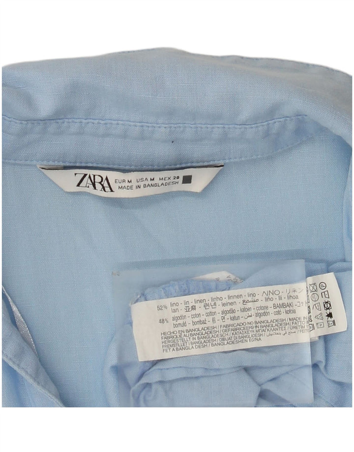 Zara Robe à volants pour femme UK 14 Lin bleu moyen