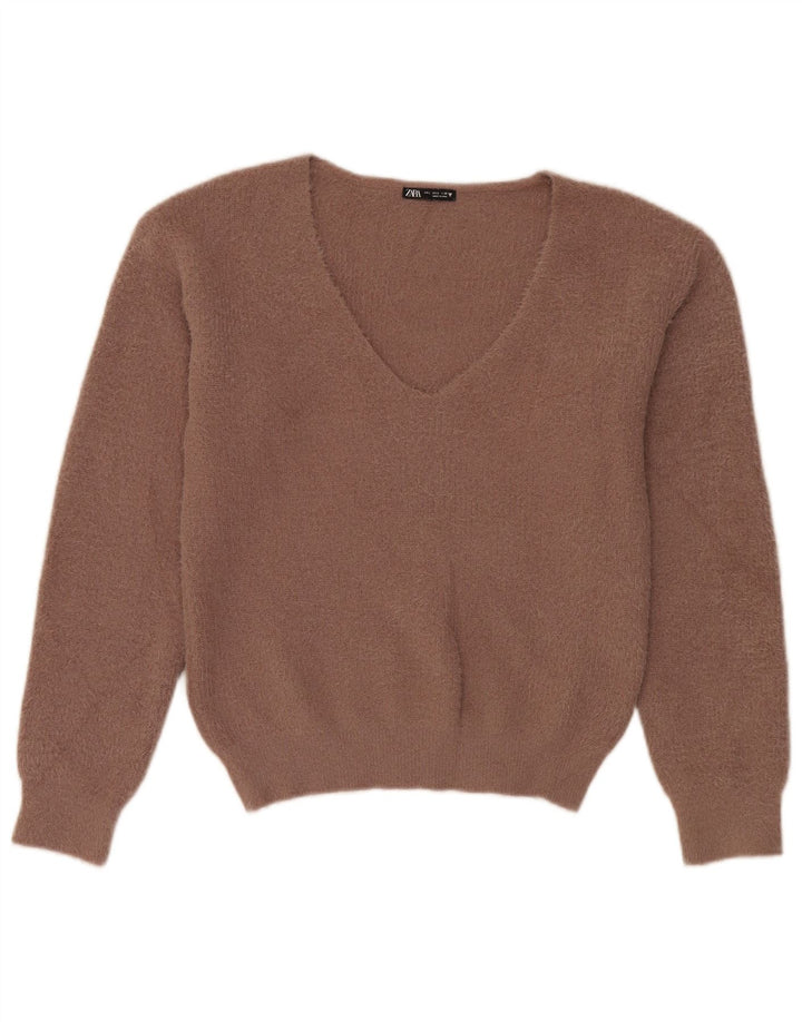 Zara Pull surdimensionné à col en V pour femme UK 10 Petit Marron Polyester