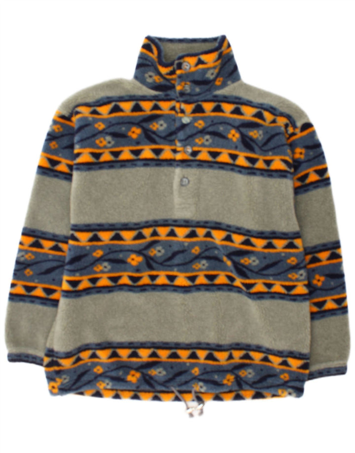 vintage Mens Button Neck Fleece Jumper Grand Gris Géométrique Polyester