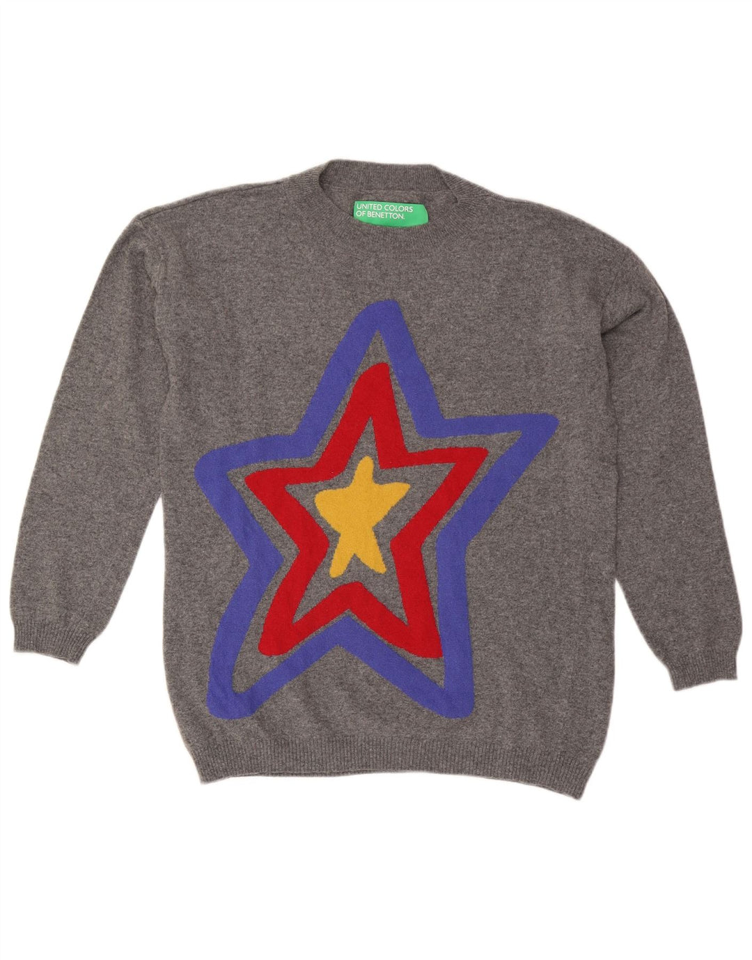 BENETTON Pull Graphique Col Ras du Cou Homme Gris Moyen Floral