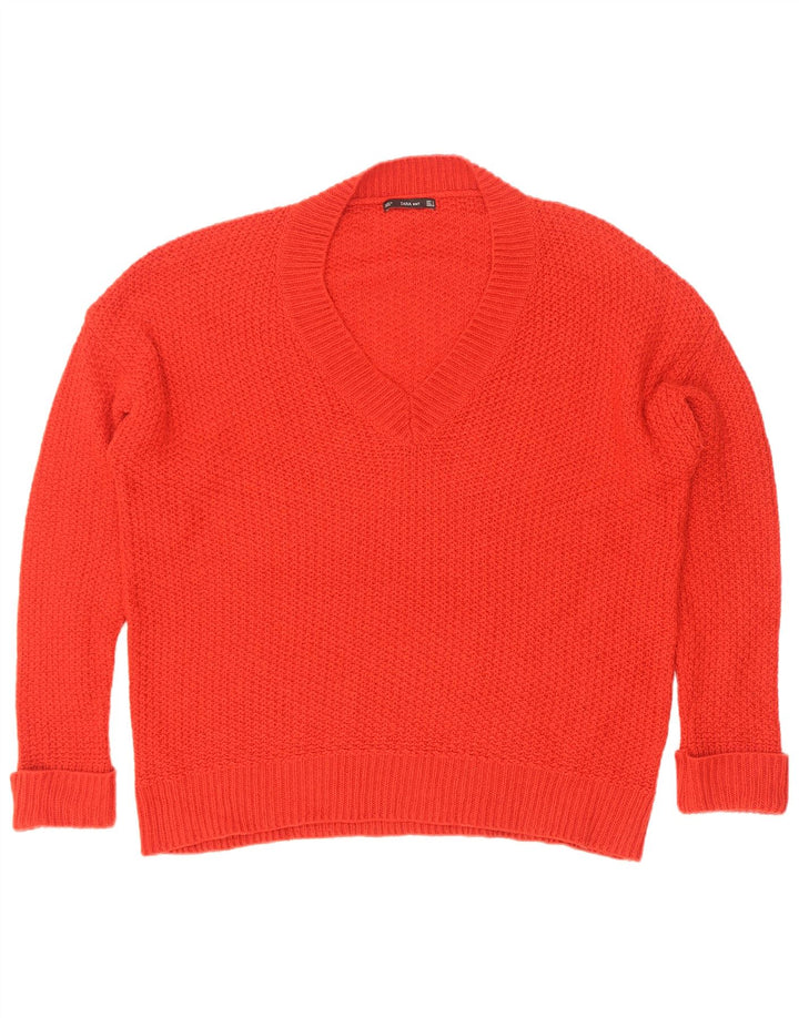 Zara Pull surdimensionné à col en V pour femme UK 10 Petit Rouge