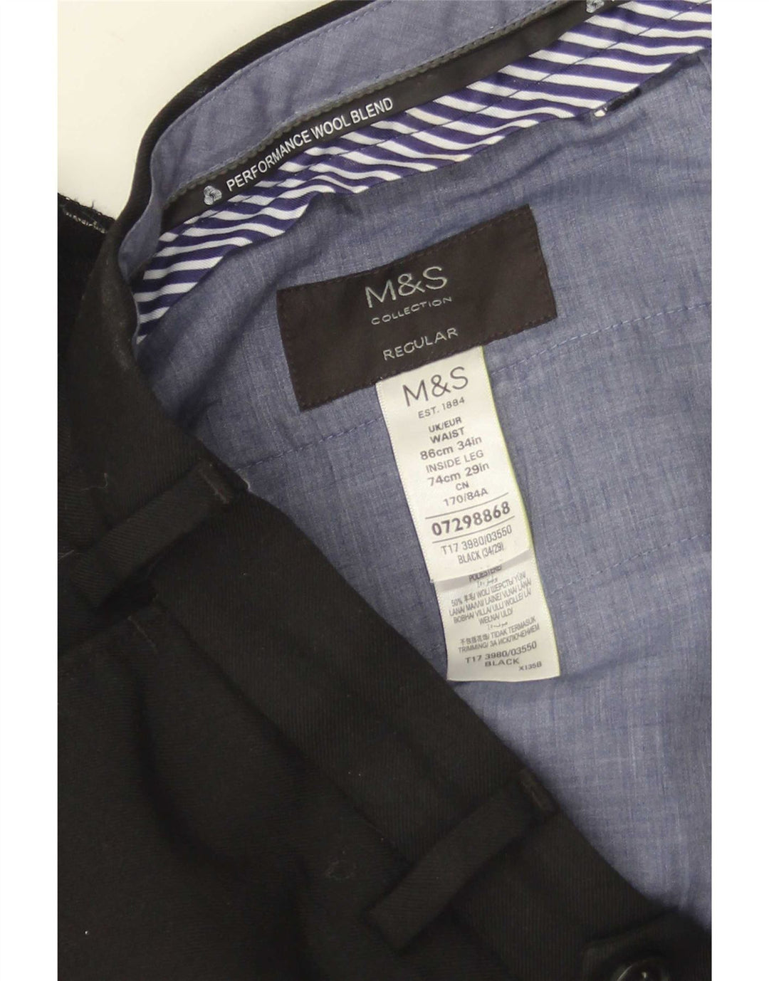 Marks & Spencer Pantalon de Costume Droit Homme W34 L29 Laine Noir
