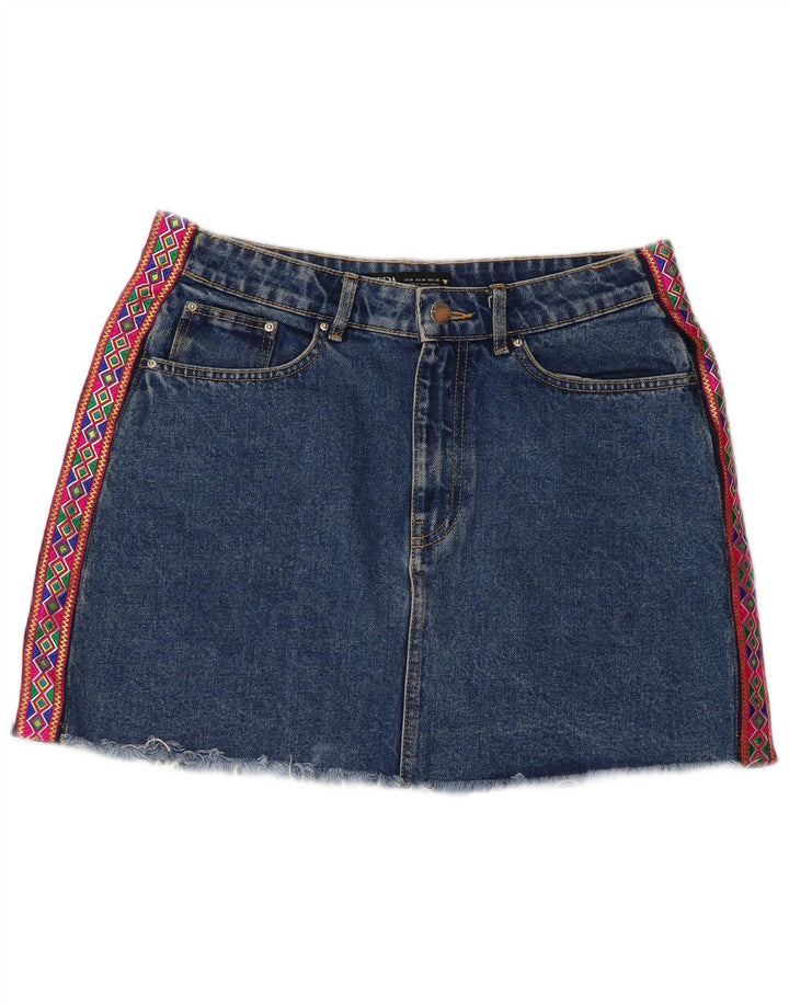 Zara Femme Mini Jupe En Jean Moyen W28 Bleu Géométrique