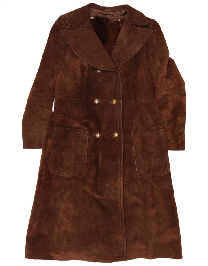 vintage Femmes Daim Double Breasted Coat UK 10 Petit Brun
