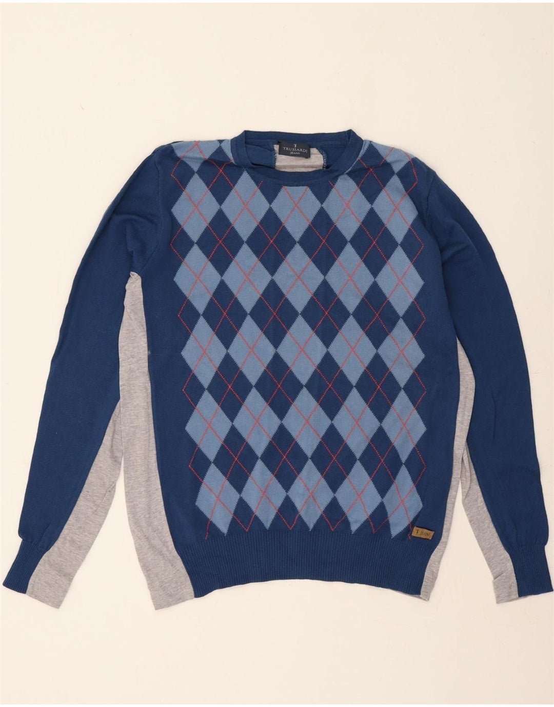 TRUSSARDI Mens Crew Neck Jumper Sweater Small Blue Argyle/Diamond Cotton Vintage Trussardi and Second-Hand Trussardi from Messina Hembry 