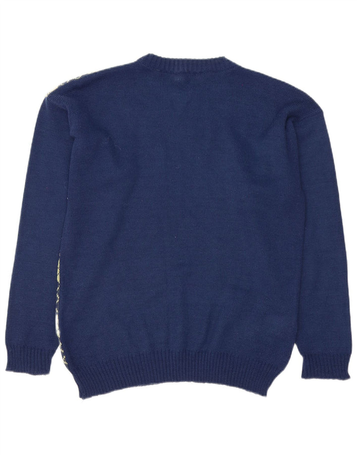 vintage Homme Col Bateau Pull Pull Moyen Bleu Marine Argyle/Diamant