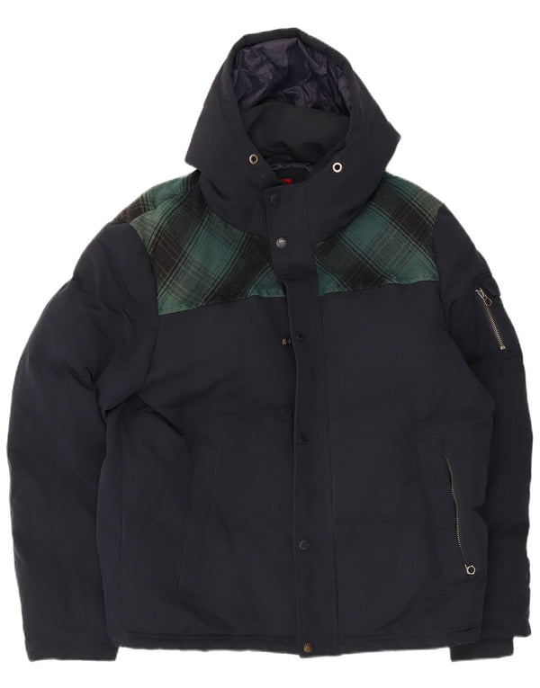 Superdry Mens Hooded Ski Jacket UK 42 XL Navy Blue Check Polyester