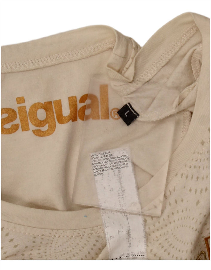 DESIGUAL T-shirt graphique pour femme UK 14 Grand coton à pois beige