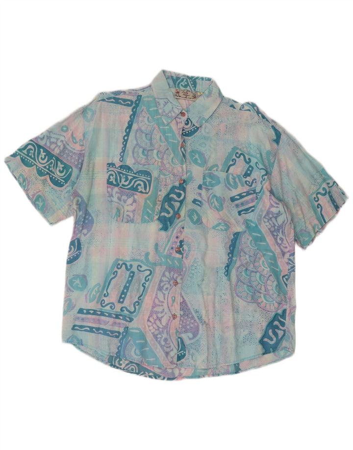 vintage Femme Chemise à manches courtes UK 14 Grand Turquoise Patchwork Rétro