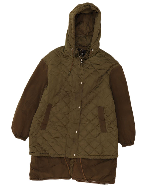 Zara Manteau matelassé à capuche surdimensionné pour femme UK 10 Petit Kaki Polyester