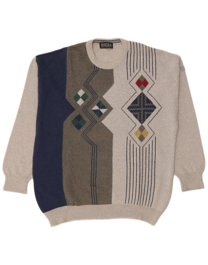 vintage Mens Crew Neck Jumper Pull Grand Gris Colorblock
