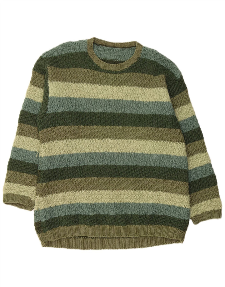 VINTAGE Mens Crew Neck Jumper Sweater Large Khaki Striped