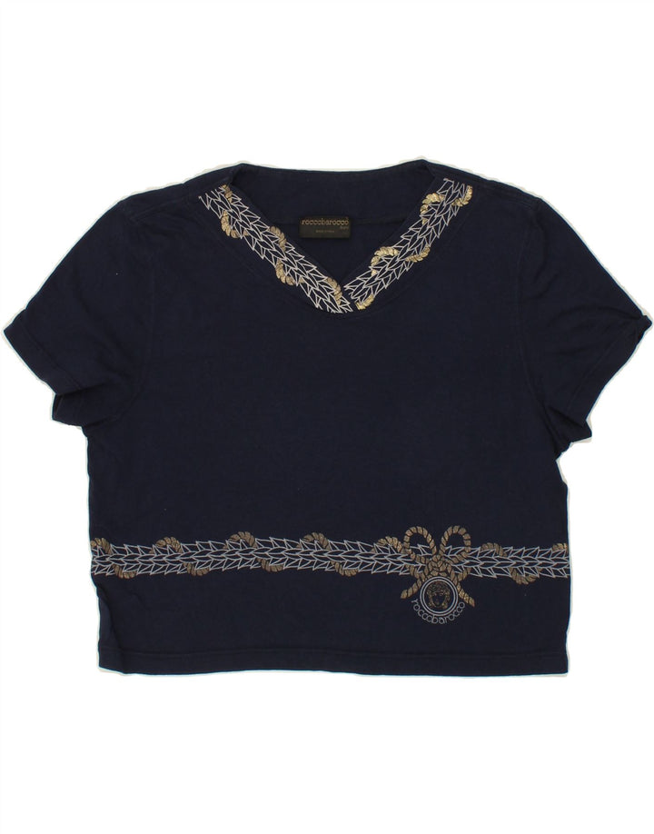 ROCCOBAROCCO Womens Abstract Pattern T-Shirt Top UK 10 Small Navy Blue Vintage Roccobarocco and Second-Hand Roccobarocco from Messina Hembry 