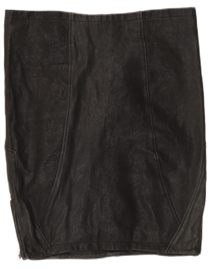 VINTAGE Jupe en cuir femme UK 12 Moyen W30 Noir Patchwork Cuir