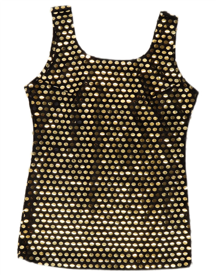 vintage Femmes Blouse Sans Manches Top UK 10 Petit Polyester Noir